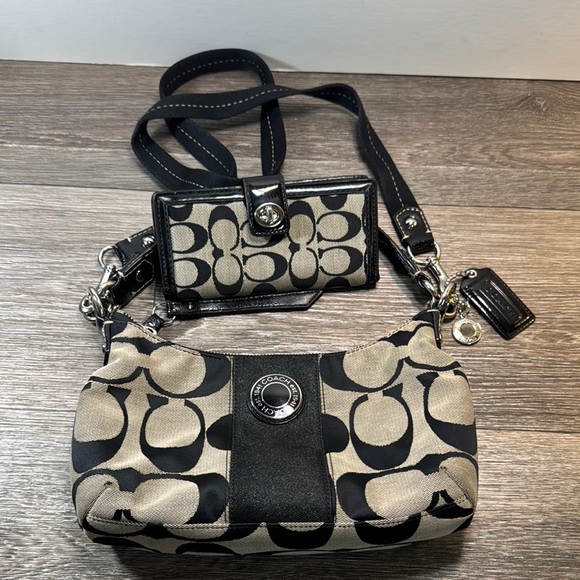 Coach Handbags - Coach Black and Tan  Bags with Signature Monogram #f19218